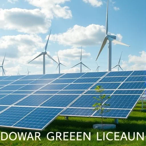 An intricate, isometric aerial view of a meticulously designed, sprawling solar farm. Each solar panel is a crystalline structure reflecting intricate patterns of light. The farm is partially sheltered by a transparent, geodesic dome integrated with organic green elements. A subtle, bright emerald-green energy aura pulses from the panels.